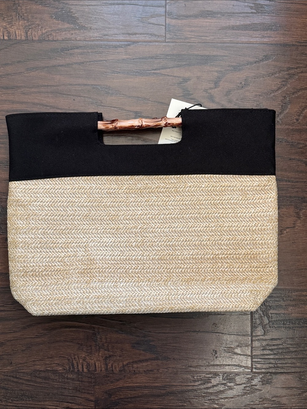 Donna Karan Black and Natural Straw Tote with Bamboo Handle - Picture 2 of 7